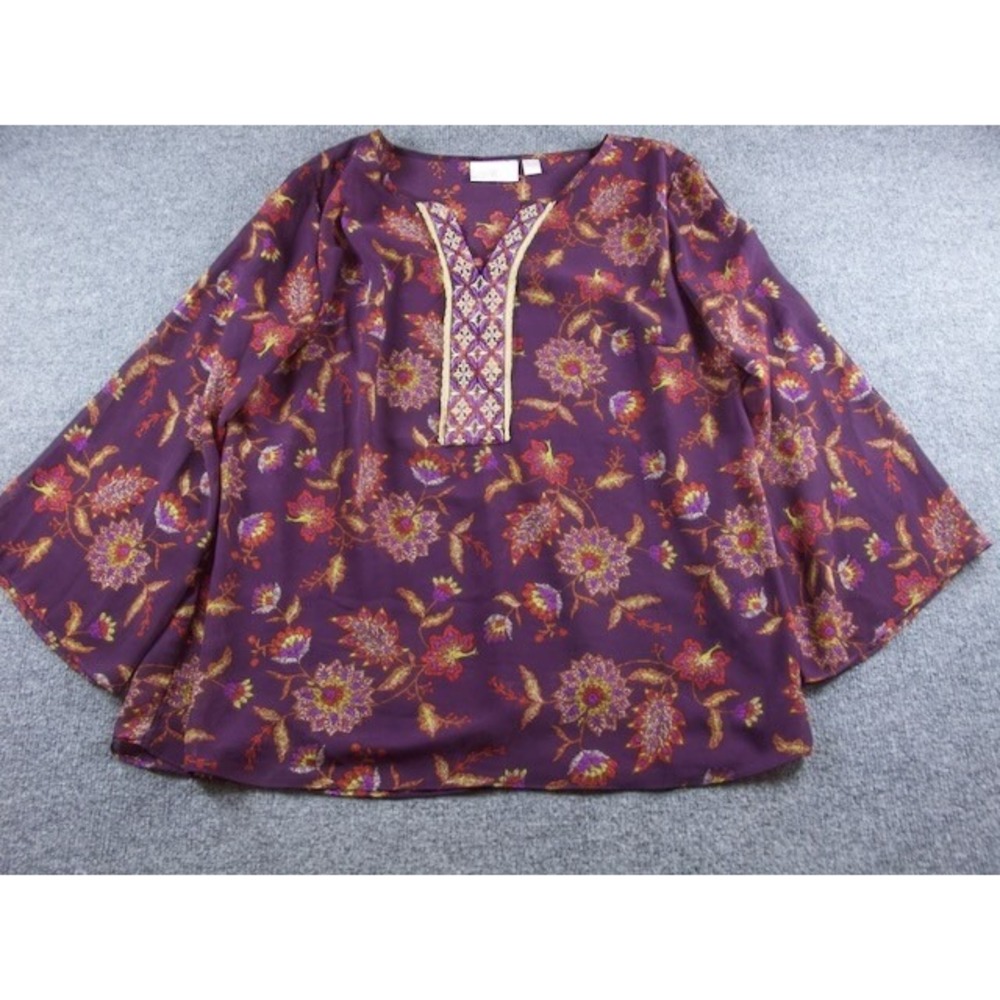 Belle Kim Gravel Purple‎ Floral Bell Sleeve V Neck Tunic Women's Size Plus #1905